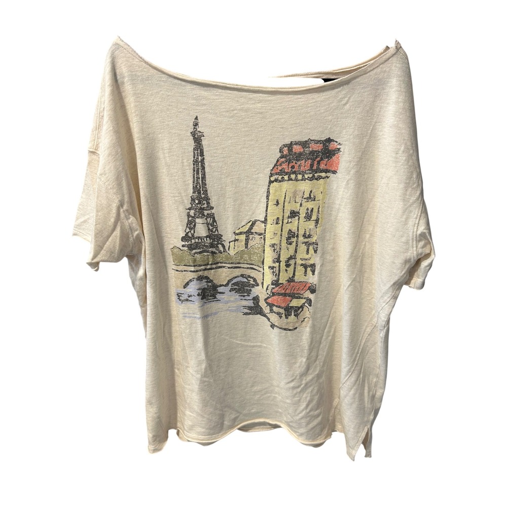 Aerie Real Paris Graphic T-Shirt Cream Heather Oversized Boat Neck Slub Knit M
